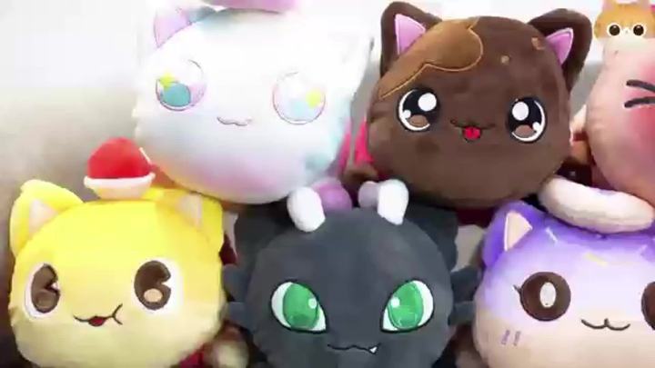 61PCS 11 inches Chocolate Cake Cat Plush + 60-Sticker - Meows Cat Plush Collection - 100% Polyester Plushie Pillow Embroidered - Soft Cat Stuffed Animal Collectible