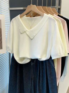 JIANDIYA | Crisscross Neck Beaded Loose Knit Top Short Sleeve