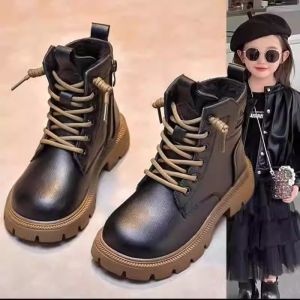 Leather Martin Boots for Girls Thickened Fleece Anti-slip Children Boots Low Top Rubber Outsole Comfortable for Autumn Winter