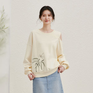 Yigue | Design Off-Shoulder Round Neck Print Oversize Slimming Sweatshirt