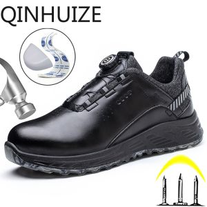 QINHUIZE Men Rotated Button Safety Shoes Puncture-Proof work Sneakers Waterproof Leather Shoes Insulation 6KV Security Boots Protective