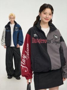 dangerouspeople | Color Blocking Stand Collar Loose Retro Long Sleeve Woven Jacket Autumn
