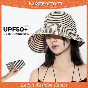 MATEYOYO หมวกชายหาดดีไซน์ลายทางหมวกแก๊ปของผู้หญิงหมวกกันแดดหมวกกันแดดลำลองพกพาได้หมวกหมวกป้องกันแสงแดดปีกกว้างหมวกชาวประมงท่องเที่ยวกลางแจ้งฤดูร้อน