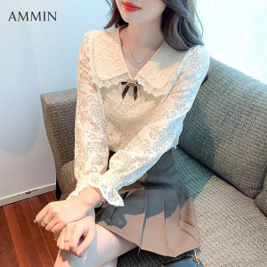 AMMIN Korean fashion temperament Slim versatile long-sleeved doll collar lace blouse 2023 fall new bow bubble sleeve embroidery lace Tops