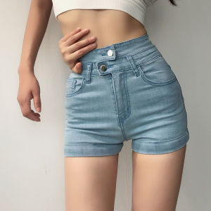 Classic Double Waist Design Elastic Denim Shorts High Waist Cuffed Bodycon Hot Pants Womens Cotton Stretch Jeans Shorts