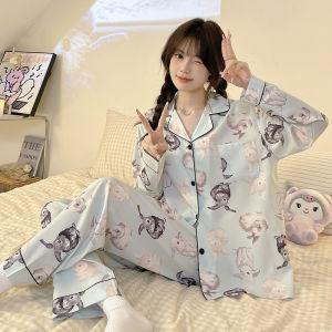 New Ice Silk Sleepwear Womens Spring Autumn Summer Thin Long Sleeve Cool Feeling Cute Cartoon Home Clothes Set Can Be Worn outside