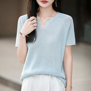 DONGYINUAN | Lyrca Silk Blend French V-Neck Casual T-Shirt