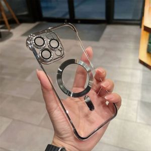 CrashStar MagSafe Borderless Ultra Thin Transparent Hard Shockproof Phone Case For iPhone 15 14 Pro Max Plus 13 12 11 Pro Max Wireless Charging Phone Casing Electroplated Clear Protective Cover Shell With Full Cover Lens Camera Protection Hot Sale