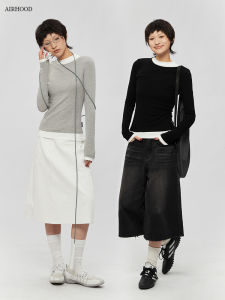 Áo Thun Dài Tay Ôm Vừa Vặn Phong Cách Mỹ AIRHOOD2025 Áo Thun Nữ Mùa Thu Áo Lót Bên Trong Cổ Tròn Ngắn Thường Ngày