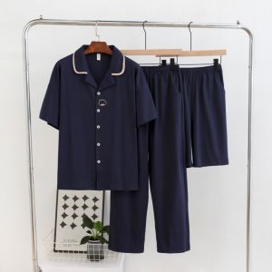 miiow | Mens Summer Lightweight Short Sleeve Sleepwear Set MiiOW Cat Person Three-Piece Suite Includes Open Cardigan Shorts And Pants