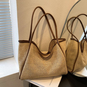 Hong Kong Woven Straw Tote Bag Large Capacity Spring Summer New Style Single Shoulder Beach Commuting Bag for Young Women