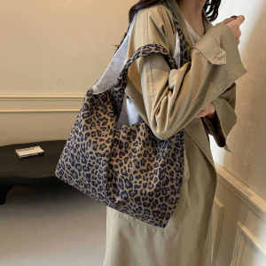 Korean Style Large Capacity Commuter Tote Bag Womens 2024 New Lazy Leopard Print Canvas Shoulder Bag Casual Handbag