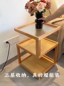 Solid Wood Coffee Table Bedside Cabinet With Wheels Bedside table Storage table Plastic rattan small square table