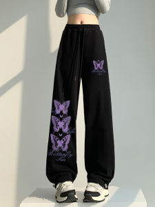 Black Fleece Lined Thick Wide Leg Sports Pants Womens Cuffed Autumn Winter Long Trousers Casual American Style Streetwear