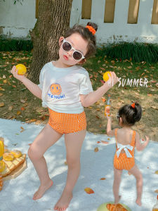 ชุดว่ายน้ำเด็กแขนกุดลายสก็อตสีส้ม ชุดว่ายน้ำเด็กผู้หญิงสไตล์เจ้าหญิงฤดูร้อนใหม่ ชุดกีฬาสำหรับเด็ก ชุดกีฬาสำหรับเด็ก