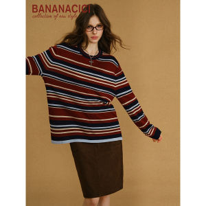 BANANA CICI | Áo Sweater Len Tròn Cổ Đan Phối Màu Sọc Đen Pha Tơ và Lông Cừu