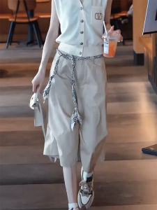 Shalldoer | Khaki Loose Slim Straight Five-Quarter Casual Pants Womens Summer Thin Breathable Wide Leg Shorts Casual Trousers