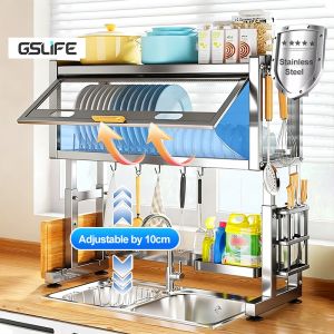 GSlife Adjustable Over Sink Rack Stainless Steel Dish Rack Organizer with Cover Adjustable Height for Sink Area