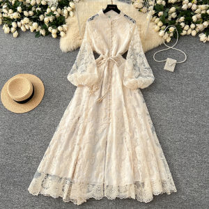 Elegant Western Style Lace Collar Single Breasted Heavy Embroidery Lantern Sleeves Waist Cinching Long Dress