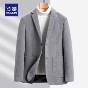 ROMON | Lormen Mens Woolen Suit Jacket Thickened Casual Business Style Long Sleeve Standard Fit Round Hem No Ironing Required