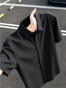 OUMULONG | Black Ice Silk Short Sleeve Shirt For Men Summer Thin Elegant Regular Fit Commuter Wear