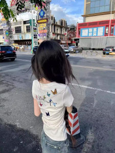 American Style Butterfly Letter Embroidery Short Sleeve T-Shirt Womens Summer Slimming Design Unique Beautiful Top