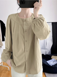 ZANZEN Korean Women Puff Sleeve Blouse French Loose Versatile Solid Color Button Long Sleeve Shirt