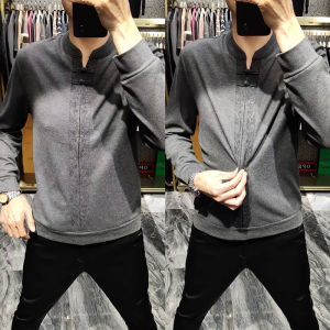 Spring Fashion Mens Knitted Long Sleeve Base Shirt Chinese Style Top Trendy City Casual Regular Fit Youthful Button Decor