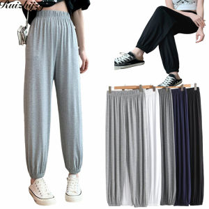 Ruizhijzg ชุด S-6XL ผ้าโมดอลผ้าฝ้ายสำหรับผู้หญิงกางเกงกีฬากางเกงโยคะยืดทรงหลวมวิ่งขากว้างเสื้อใส่อยู่บ้านเอวสูงบางสีพื้น