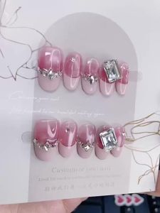 100% HANDMADE Artificial Nail Romantic French Blush Cats Eye Crystal Diamond Oval Phototherapy Fake Nail Patch Press on Nails Reusable