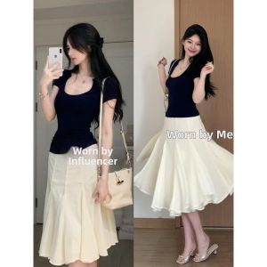 SUHUIQIAN | New Summer Pleated Flared Mid Skirt 5-Section
