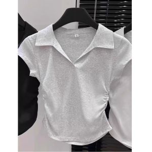 Áo Thun Tay Ngắn Cổ Polo Phong Cách Mỹ Dành Cho Nữ Mùa Hè Cỡ Lớn Thắt Eo Thon Gọn Xếp Ly Không Đều Áo Thun Cotton