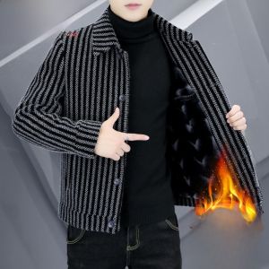 HENGYUANXIANG | Hengyuanxiang Mens Woolen Jacket Autumn Winter Thickened Short Casual Striped Fleece Lined Youthful Fashion Urban Style Coat