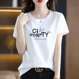 เสื้อยืดแขนสั้นผ้าฝ้ายทรงหลวมสําหรับผู้หญิงแฟชั่นสไตล์เกาหลีคอกลมพิมพ์ลายเสื้อผ้าทํางานเหมาะสําหรับฤดูร้อน