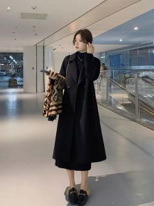 เสื้อโค้ทขนสัตว์สีดำสไตล์เกาหลี ทรงหลวม แขนยาว ปกสูท กระดุม 2 แถว คอปกสั้น ทรงตรง ปกติ ฤดูหนาว 2025