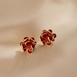 Red Flower Stud Earrings Womens Luxury Vintage Hong Kong Style 925 Silver Needle 3D Petal Ear Jewelry Floral Alloy Gold Plated