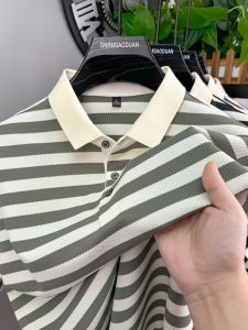 ROMON | Lormen Mens Pure Cotton Short Sleeve Polo Shirt Summer Thin Stripe Turn-down Collar T-shirt Casual Half Sleeve Ice Silk Top