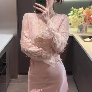 SHUAIYUE | Floral Lace Flared Sleeve V-Neck Shirt Cinch Waist Slim Short
