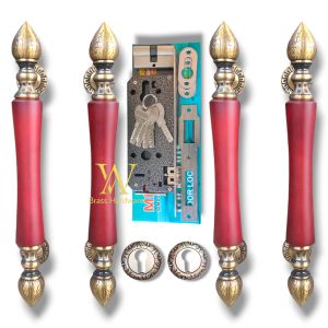 Gagang Pintu Rumah Kuningan Set Kunci Antik Motif Sawo 49 cm 4 Pcs