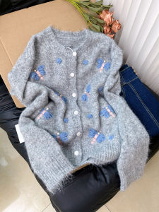 QINGNAER | Sweet and Lazy Style Gray Embroidered Sweater Cardigan