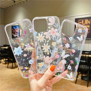 Shiny Powder Drop Glue Phone Case for 12 pro Max/13/14/16 pro Small Flower Protective Cover Soft 8 plus Transparent Air 17 pro