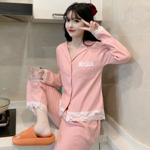 Autumn New Style Sweet Princess Sleepwear Womens Pure Cotton Long Sleeve Comfortable Simple Home Clothes Two-Piece Set