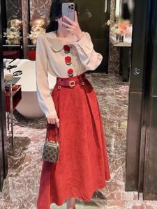 French Sweet Salt Series Two-Piece Set Red Mini Skirt Womens Fashion Autumn Winter Polyester Material Unique Exquisite