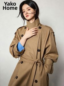 YAKEJIA | Khaki High-class Classic Notch Collar Double-breasted Mid-length Trench Coat