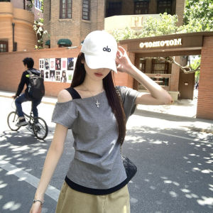 CHOEFULYN | Color-blocked Off-shoulder Short-sleeve Slim Fit Women T-shirt
