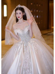 Elegant Satin Wedding Dress One Shoulder Style for Bride Heavy Embroidery Long Train Court Style Wedding Gown with Belt