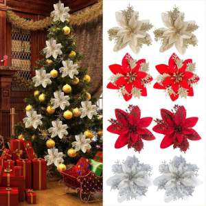 14cm Glitter Christmas Flowers Artificial Poinsettia Flower Head Xmas Tree Ornament Home New Year Decoration
