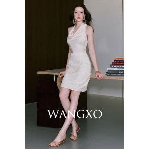 WANGXO | Haute Couture Crinkled Satin Sparkly Lace Patchwork Halter Dress