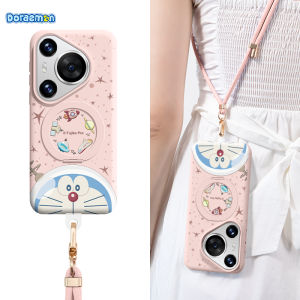 Doraemon Huawei Pura80 pro Phone Case New Model P70 Ultra Liquid Silicone Magnetic Absorption Stand Hand Strap Protective Cover for Men And Women Couples Creative