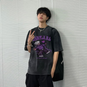 Retro American Washed Pure Cotton Short Sleeve T-Shirt for Teen Boys Loose Fit Summer Trendy Brand Breathable Printed round Neck